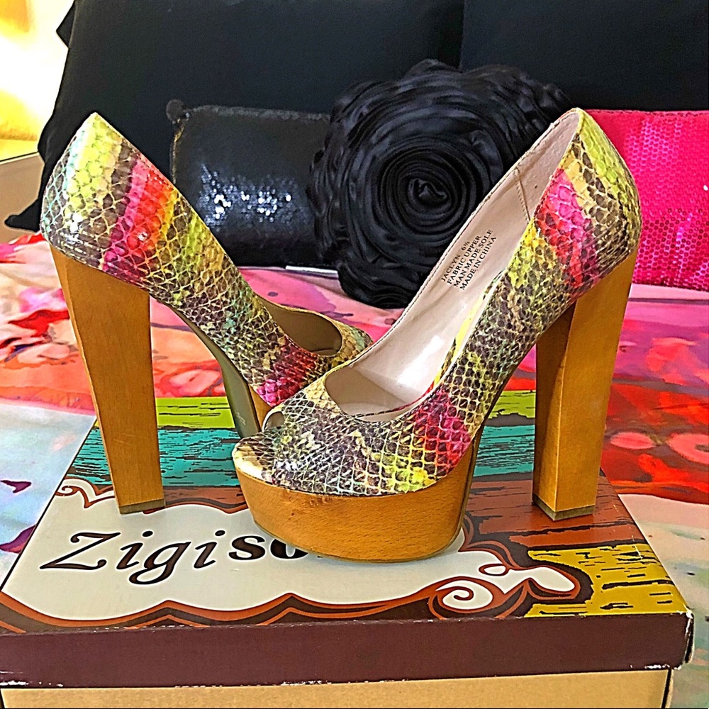 Zigi Soho colorful reptile platform open toe shoes
